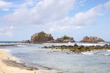 Rock formations on the beach of Cousin Island in the Seychelles