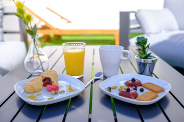 Art style breakfast food table croissant fresh bread cheese fresh fruit