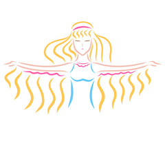 winged girl with arms outstretched to the sides and eyes closed