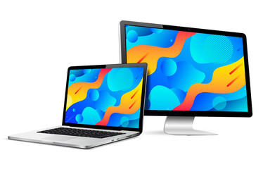 Responsive web design computer display with laptop isolated. Abstract geometric background on devices screen.