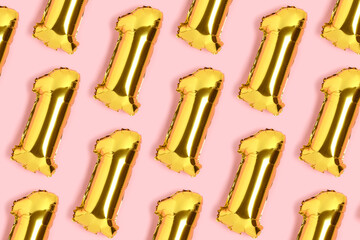 Number 1 golden balloons pattern. One year anniversary celebration concept on a pink background.