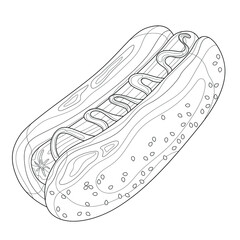 American hotdog. Fast food.Coloring book antistress for children and adults. Zen-tangle style.Black and white drawing.Hand draw