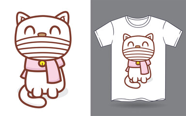 Cute cat wearing mask and scarf cartoon for t shirt print