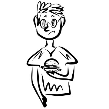 Young Confused Man With Cheeseburger In Hand