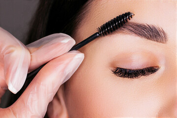 We make eyebrows with pink tweezers, close-up background for the eyebrow.