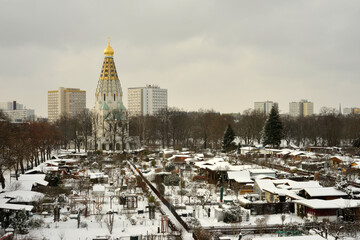 Leipzig, Germany view at the russian orthodox church in winter after snowfall