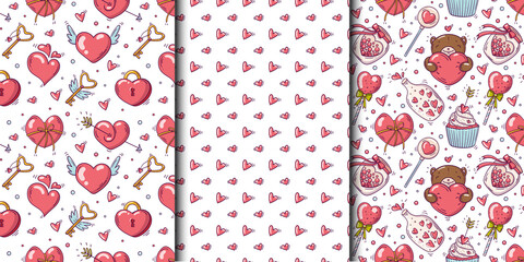 Set of seamless patterns with valentines day and love objects in doodle style on white background