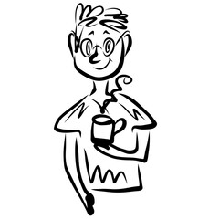 smiling young man in glasses with a mug of hot drink in hand