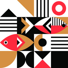 Geometric style poster with fishes. Abstract design scandinavian style for print, poster, banner, ads