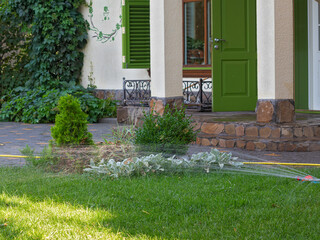 A Jet of Flying Rainbow Water Droplets Irrigates the Emerald Greenery On the Lawn On a Sunny Summer Morning