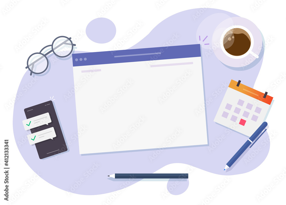 Poster web site creating technology concept vector flat cartoon illustration, desktop table with empty blan