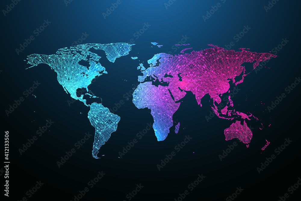 Poster Map of the planet. Global social network. Floating blue plexus geometric background. Internet and technology. Vector illustration.