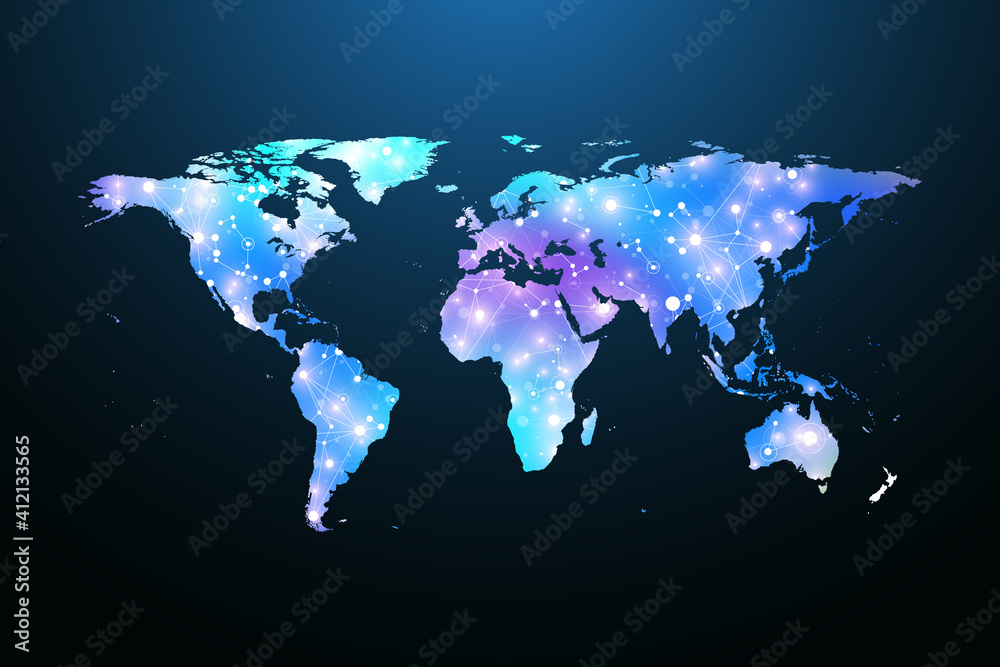 Poster map of the planet. global social network. floating blue plexus geometric background. internet and te