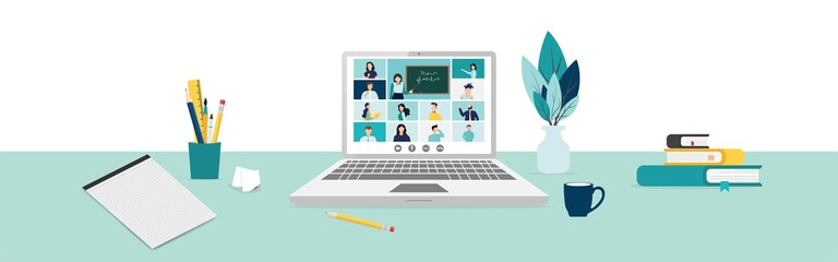 Home education concept. People study at home using a computer. Remote working. Video conference on laptop computer. Work from home and work from anywhere conceptVector illustration