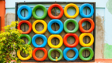 Multi-colored wheels on the playground