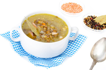 Tasty hot soup with lentils and celery.