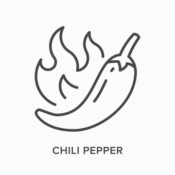 Chili pepper flat line icon. Vector outline illustration of hot jalapeno and fire. Black thin linear pictogram for mexican cooking spice