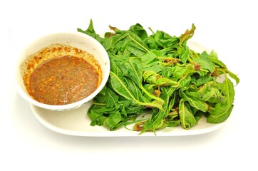 Boiled vegetables with chili paste is a Thai food.