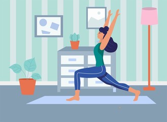 A young woman does yoga at home.The concept of daily life, everyday leisure and work activities. Flat cartoon vector illustration.