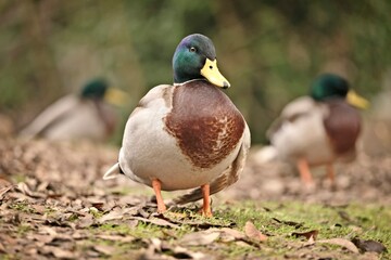 Naklejka na ściany i meble Mallard, male ducks near the pond. Anas platyrhynchos