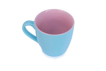 High angle view of blue and pink cup isolated on a white background.