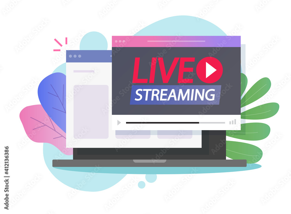 Poster online internet live streaming or broadcasting video on web browser page via computer pc vector flat