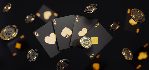 Casino chips and cards on black background. Casino game golden 3D chips. Online casino background banner or casino logo. Black and gold chips. Gambling concept, poker mobile app icon. 3D rendering.