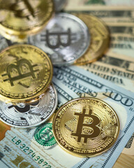 Bitcoin coins (btc, xbt) both in golden and silver metallic color placed on the US dollar banknote. Money transformation to digital currency concept, selective focus at the some coin object photo.