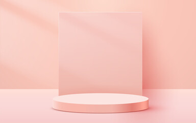 Abstract scene background. Cylinder podium on pink background. Product presentation, mock up, show cosmetic product, Podium, stage pedestal or platform.