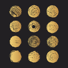 Hand drawn golden pencil scribble round frames. Gold coal edge background. Vector isolated hatch textures.