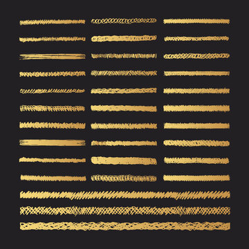 Hand drawn golden pencil scribble dividers. Gold coal edge grunge lines. Vector isolated hatch textures.