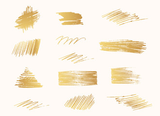 Hand drawn golden pencil scribbles. Abstract doodle frames. Gold coal edge background. Vector isolated hatch textures.