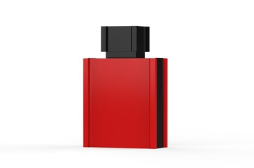 Red perfume bottle with black cap mockup on isolated white background, 3d illustration