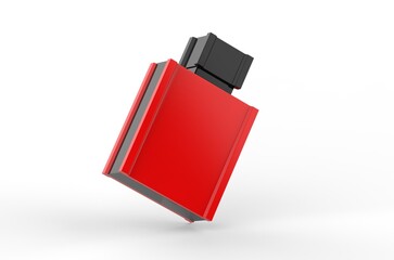 Red perfume bottle with black cap mockup on isolated white background, 3d illustration