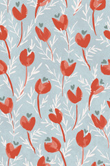 Love blooms - Red watercolor flowers with heart stamen on vintage textured blue background. Seamless vector pattern. Great for home décor, fabric, wallpaper, gift-wrap, stationery, and design projects