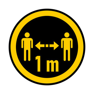 Keep Your Distance 1 m or 1 Metre Round Coronavirus Warning Sticker or Badge Icon. Vector Image.