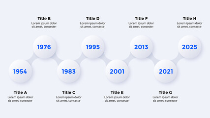 Timeline Neumorphic Vector infographic timeline. 8 steps. Presentation slide template. Clean minimal flat style. 