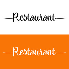 Logotipo con texto manuscrito Restaurant con lineas en fondo naranja y blanco © teracreonte