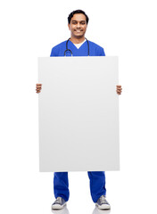 healthcare, profession and medicine concept - happy smiling indian male doctor or nurse in blue uniform with big board over white background