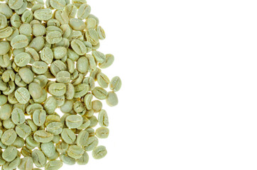 Green unroasted coffee beans on white background