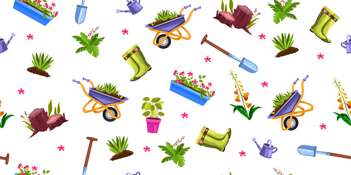 Spring gardening vector seamless pattern with flowerpots, green plants, wheelbarrow, shovel, boots, watering can. Summer backyard floral loopable texture on white. Botanical gardening repeat pattern