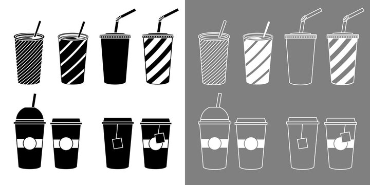 Ensemble de pictogrammes noirs ou blancs de gobelets avec leurs diff&eacute;rentes utilisations.