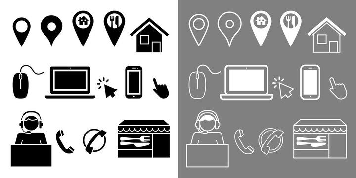 Ensemble de pictogrammes noirs ou blancs pour illustrer des commandes d’aliments et la livraison du magasin à votre domicile.