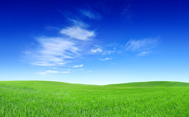 Fototapeta na wymiar Idyllic view, green hills and blue sky
