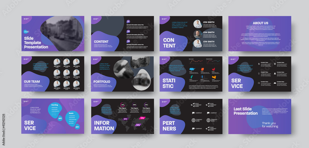 Aufkleber presentation slides with purple abstract design on black background, brochure for annual report, bus