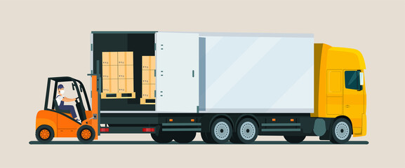 Forklift truck loading. Vector flat style illustration. © lyudinka