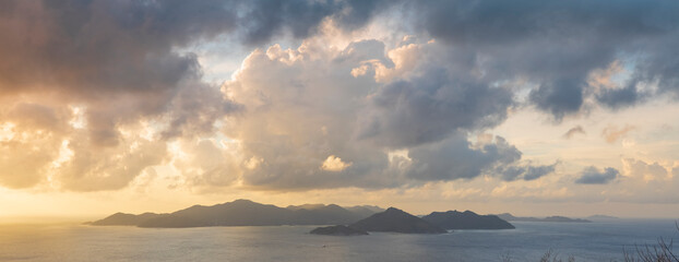 Sunset view of Praslin Island from Belle Vue La Digue in the Seychelles