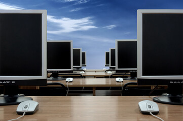 Row of computer monitors