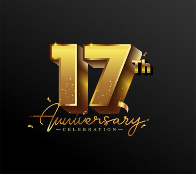 17th Anniversary Logotype with Gold Confetti Isolated on Black Background, Vector Design for Greeting Card and Invitation Card