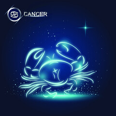 cancer horoscope sign in twelve zodiac with galaxy stars background, graphic of wireframe crab